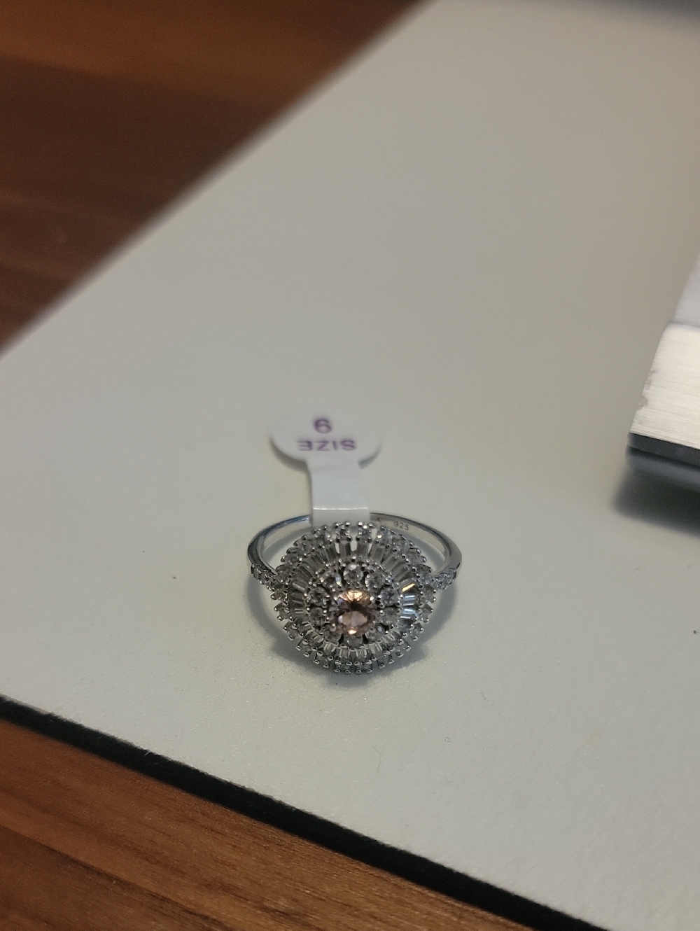 Silver .925 Round Halo Ring with Champagne Center Stone - Size 9 Bomb Party